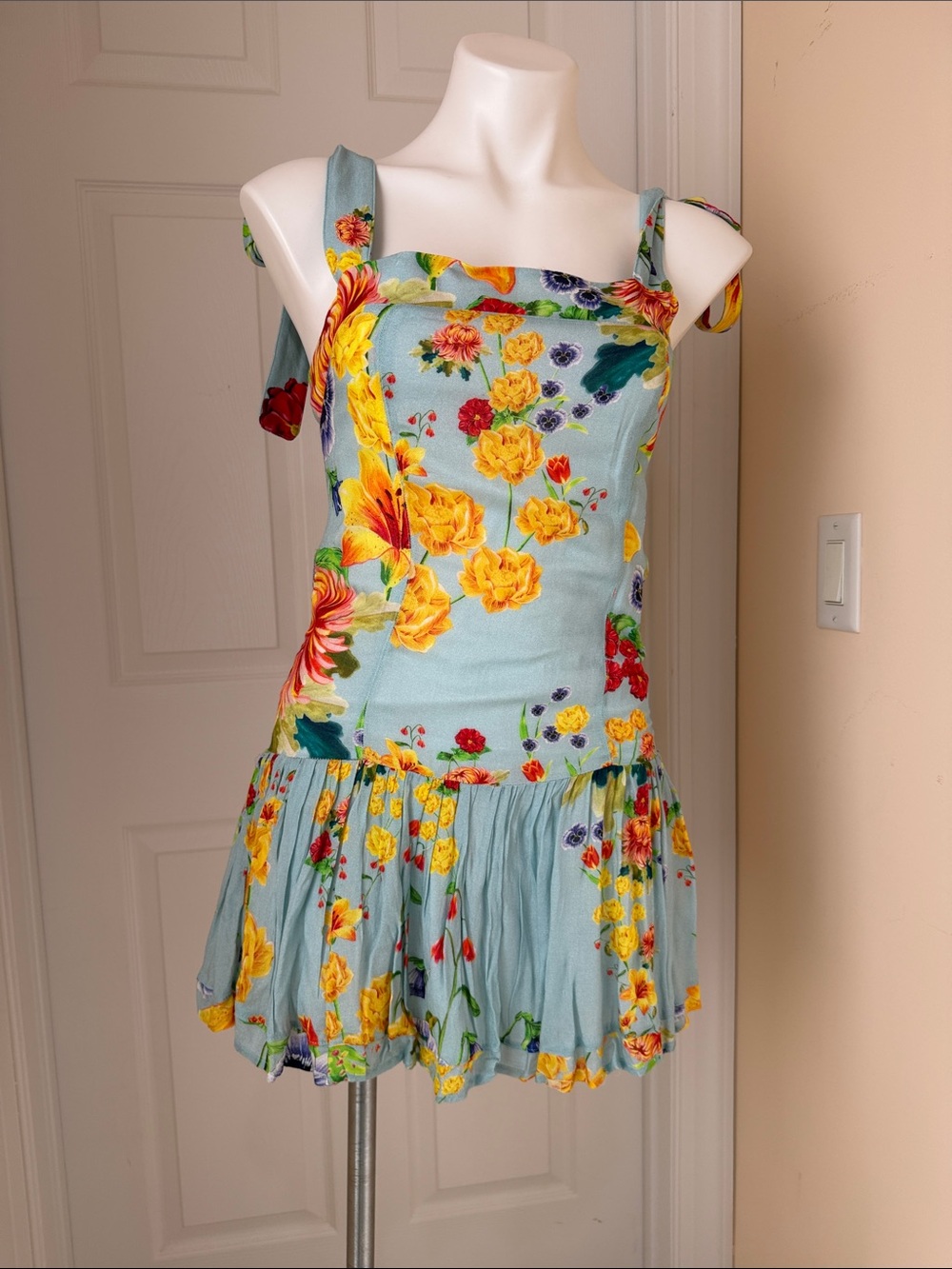 Agua Bendita Revolve Light Blue Floral Mini Dress with Yellow & Red Blooms